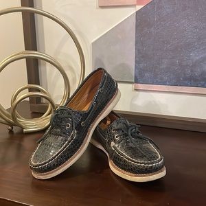 Used- Sperry Top-Sider Gold Cup Womens Black Embossed Boat Shoes. Size 7.5